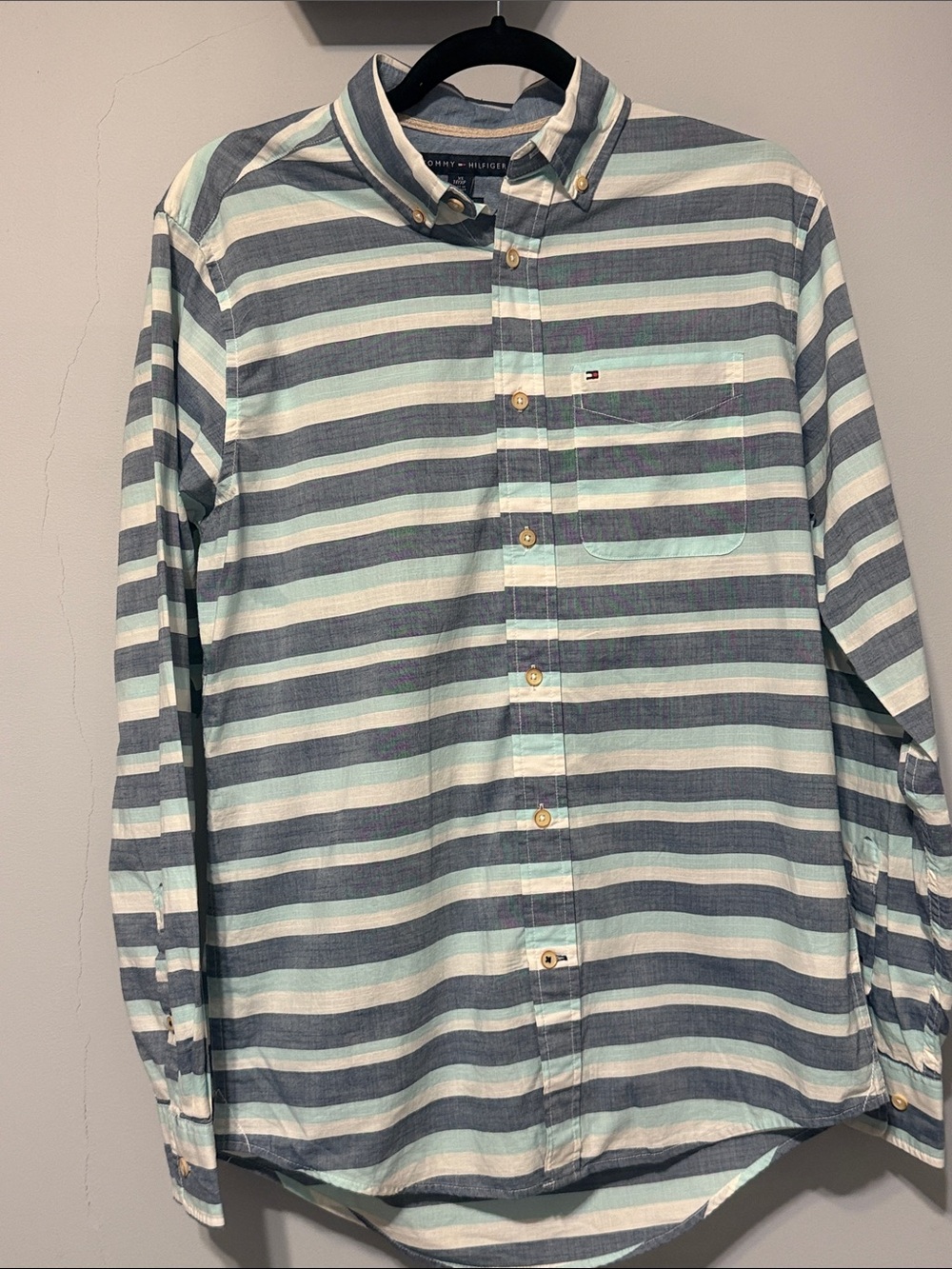Tommy Hilfiger Blue and White Striped Button-Down Shirt